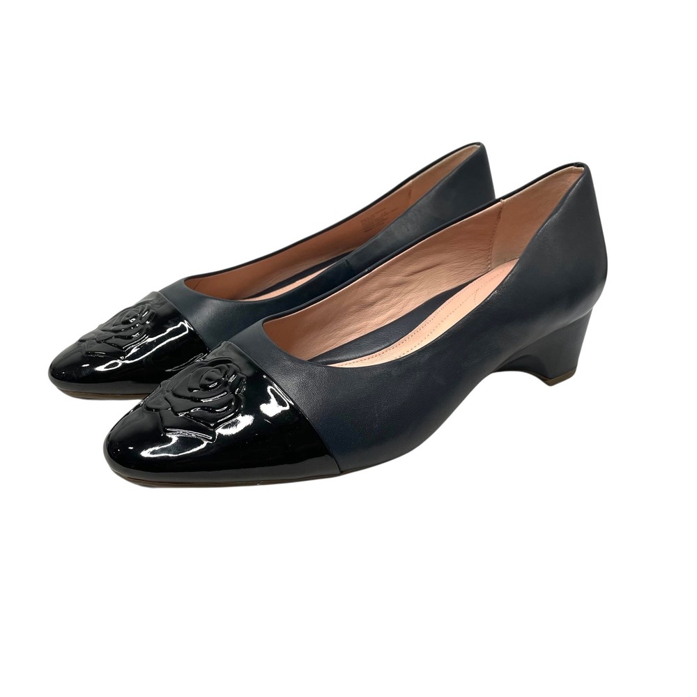 NEW Taryn Rose babe leather flower wedge pumps shoes Size 11 navy blue